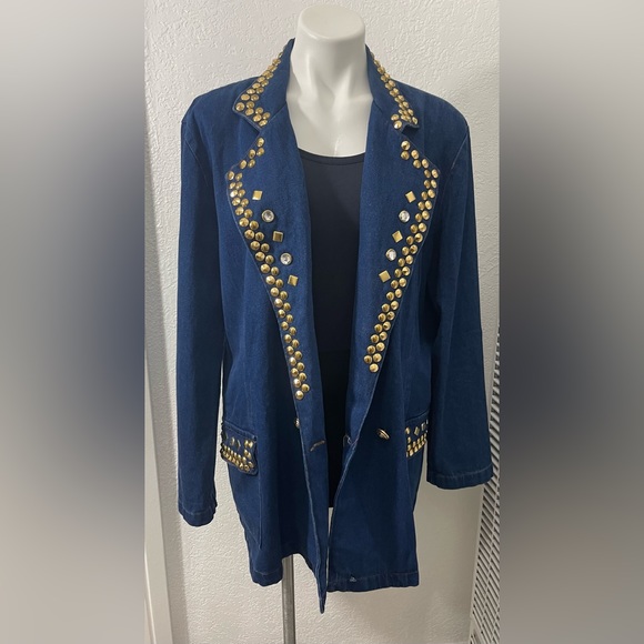 Gold Studded blue jean blazer with pockets - Picture 3 of 6